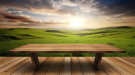 Nature Inspired Wooden Table With Lush Grassy Landscape In Striking 3d