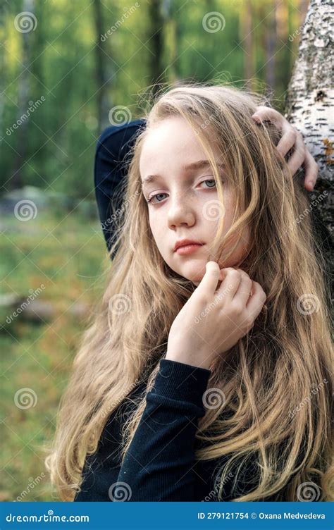 Close Up Portrait Of A Romantic 13 15 Year Old Girl In The Woods A