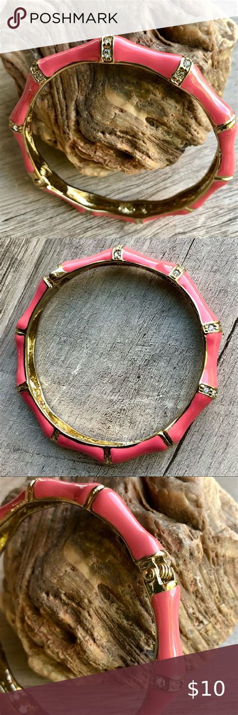 Bamboo Style Gold Enamel Bangle Bracelet Crystal Detail Preppy J