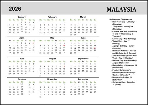 Malaysia Calendar 2026 with Public Holidays & Dates