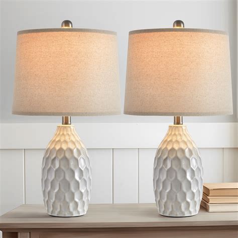 Oneach Modern White Ceramic Table Lamps Set of 2 Industrial Metal 21.5" Bedside Nightstand Lamp ...