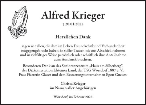 Traueranzeigen Von Alfred Krieger Vrm Trauer De