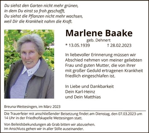 Traueranzeigen Von Marlene Baake Trauer Hna De