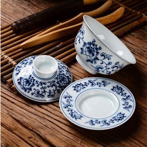 Three Beans Retro Mavi Ve Beyaz Porselen Gaiwan Teaware Fiyat