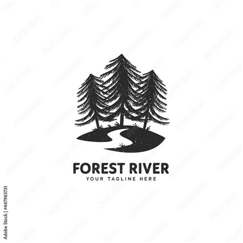 Forest and river logo, pine tree forest textured vintage logo icon ...