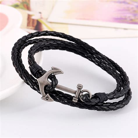 Mens Leather Alloy Anchor Bracelet Multilayer Woven Cuff Bracelet Ebay