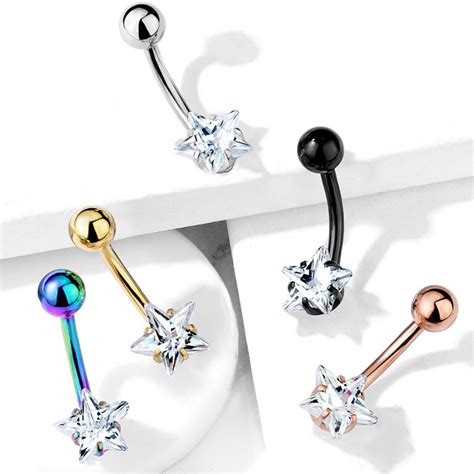 Prong Set Cz Star Internally Threaded Steel Belly Ring