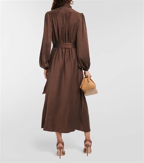 Tie Neck Silk Satin Midi Dress In Brown Zimmermann Mytheresa