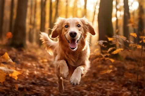 Perro feliz corriendo en el bosque de otoño ai Foto Premium