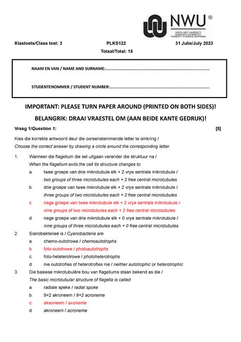 PLKS 122 Class Test3 31July2023 Memo PLKS121 NWU Studocu