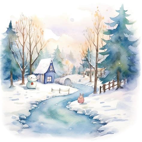 Premium Photo | Watercolor painting of a snowy landscape with a snowman ...