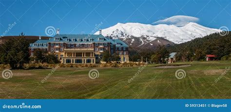 Panoramic Image of Mount Ruapehu and Chateau Tongariro Stock Image - Image of resort, mount ...