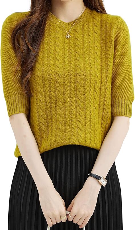 Liny Xin 100 Merino Wool Womens Sweater Crewneck Half Sleeve Knit Pullovers