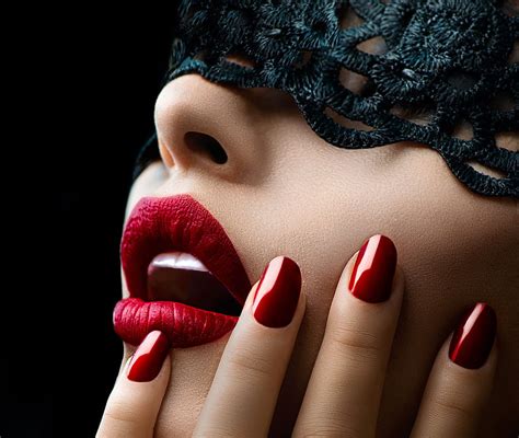 Manicure Girls Fingers Closeup Red Lips 2670x2260 Women Black Red Lip