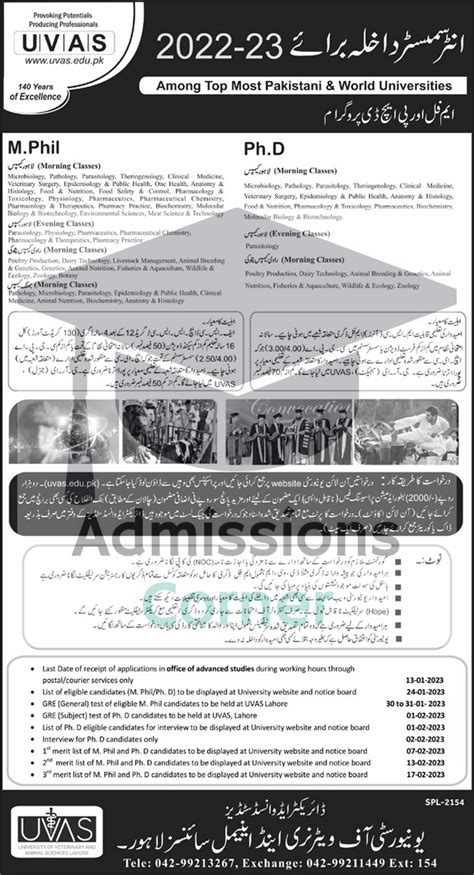 Uvas Lahore Mphil Phd Admissions Spring 2023