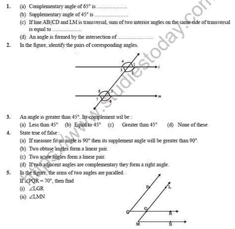 Lines And Angles Class 7 Worksheet With Answers Angleworksheets