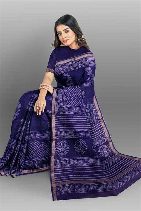 Casual Wear Block Print Purple Kota Doria Printed Saree With Blouse