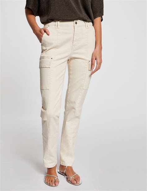 Pantalon Cargo Taille Haute Ecru Clair Femme Morgan