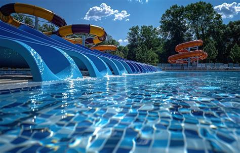 Водный парк с красочными водяными горками Водная горка с детьми бассейн ...