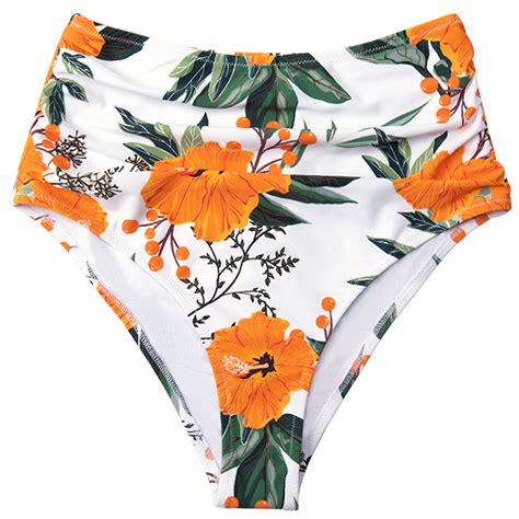 Orange Floral Shirring High Waisted Bikini Bottom