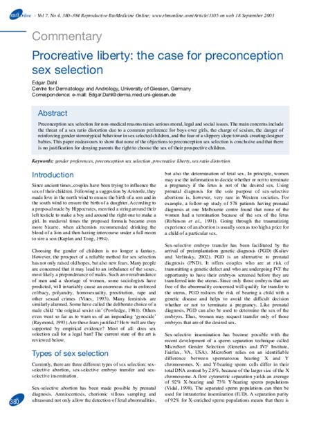 Pdf Procreative Liberty The Case For Preconception Sex Selection