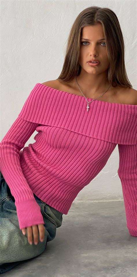 Hot Pink Off Shoulder Long Sleeve Knit Top Circe Motelrocks Com Us