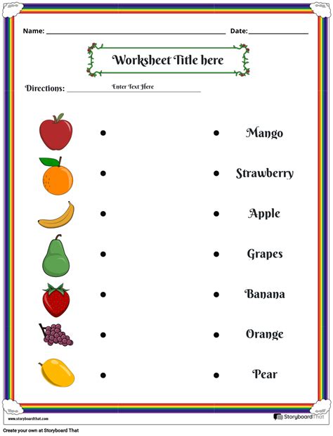 matching fruits  names color worksheet storyboard