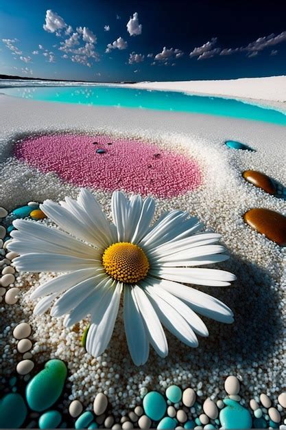 Flor Branca Sentada Em Cima De Uma Praia De Areia Generativa Ai Foto