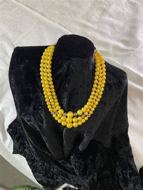 Mid Century Three Strand Yellow Pearl With Opalescent Gem