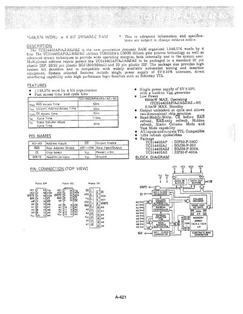 Tc511402ap 60 Datasheet Dram Equivalent Toshiba Semiconductor