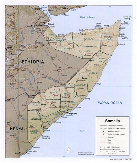 Detailed political and administrative map of Somalia with relief, roads ...