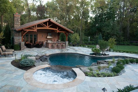 Inground Pool And Spa With Cabana Rustic Swimming Pool And Hot Tub