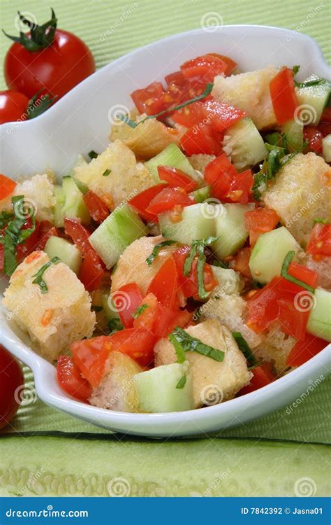 Fresh Tomato and Cucumber Salad with Bread Cubes Stock Photo - Image of ...