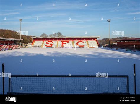 Snow covered football / soccer pitch in wintery scene at English ...