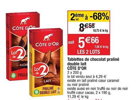 Offre Tablettes De Chocolat Praliné Double Lait Côte D or 2ème Lot à