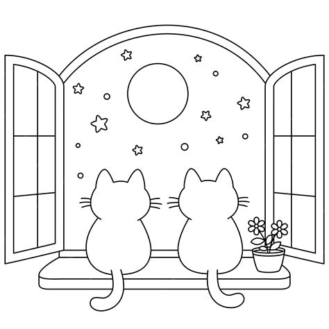 Premium Vector The Two Adorable Cats Are Gazing At The Moon And The Starry Sky Coloring Page