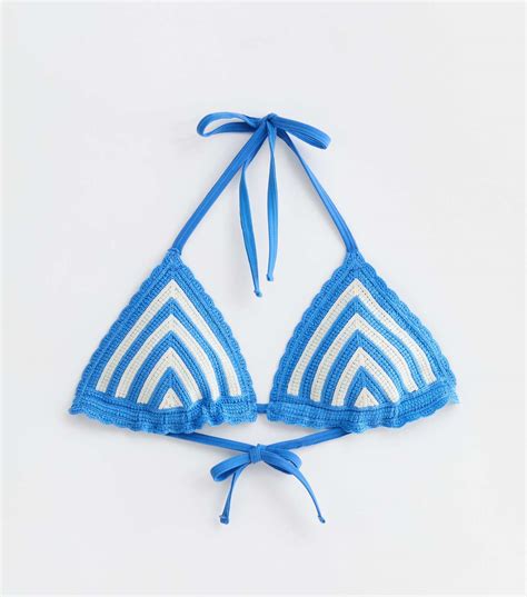 Blue Chevron Crochet Halterneck Triangle Bikini Top New Look