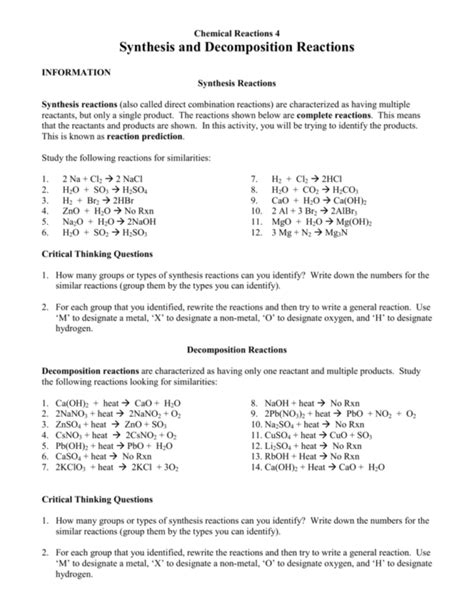 Synthesis And Decomposition Reactions In Synthesis And Decomposition