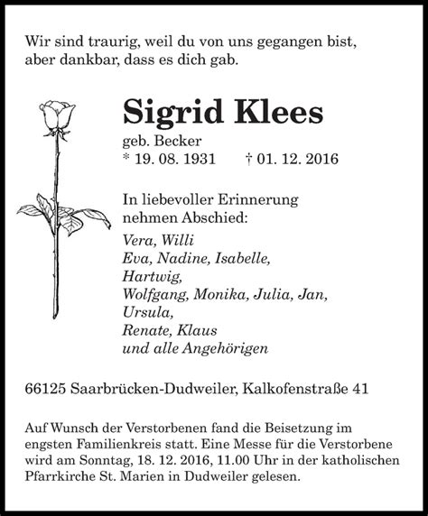 Traueranzeigen Von Sigrid Klees Saarbruecker Zeitung Trauer De