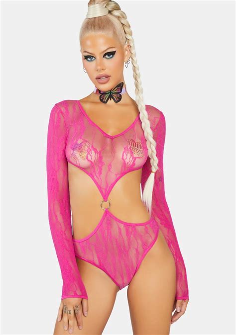 Sheer Lace Cutout Long Sleeve Bodysuit Pink Dolls Kill