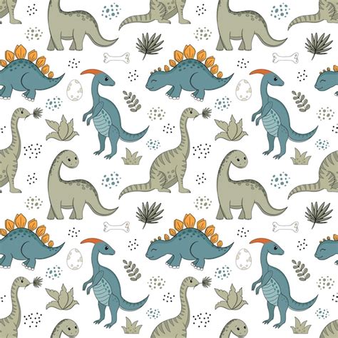 Retro Dibujos Animados Dinosaurio O Dino Vector De Patrones Sin Fisuras