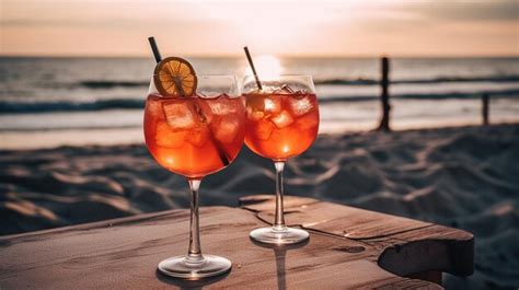 Premium Ai Image Two Glasses Of Cocktails On A Table On The Beach