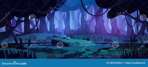 Spooky Night Forest Landscape with Swamp Stock Vector - Illustration of ...