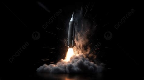 The Image Shows A Large Rocket In Flight Above Black Background 3d Illustration The Rocket Take