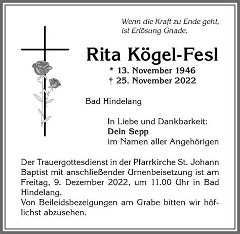 Traueranzeigen von Rita Kögel Fesl Allgäuer Zeitung