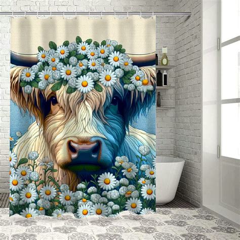 Lzatpd Farmhouse Cow Shower Curtain Highland Cow Teal Daisy Flower