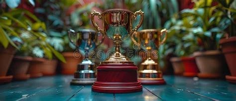 Podium With Gold Silver And Bronze Trophies On A Sports Background