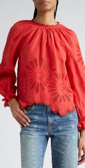 Ulla Johnson Louisa Eyelet Ruffle Linen Blend Top In Poppy At Nordstrom