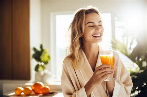 Premium Photo Portrait Of Goodlooking Woman In Bathrobe Drinks Orange