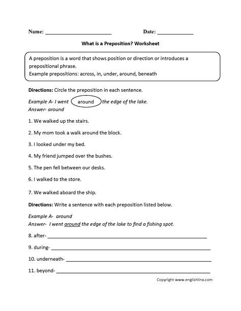 Parts Speech Worksheets Preposition Worksheets